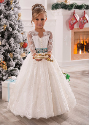 Ivory Eyelash Lace Floor Length Graceful Flower Girl Dress